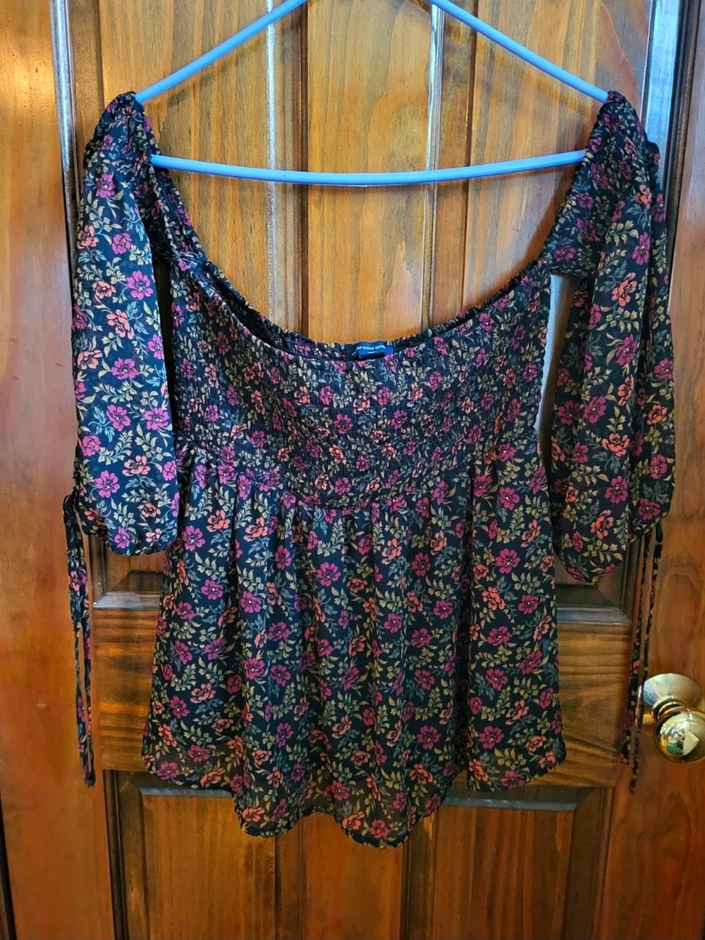 American Eagle Floral Smocked Square Neck Puff Sleeve Peasant Blouse S/P/CH